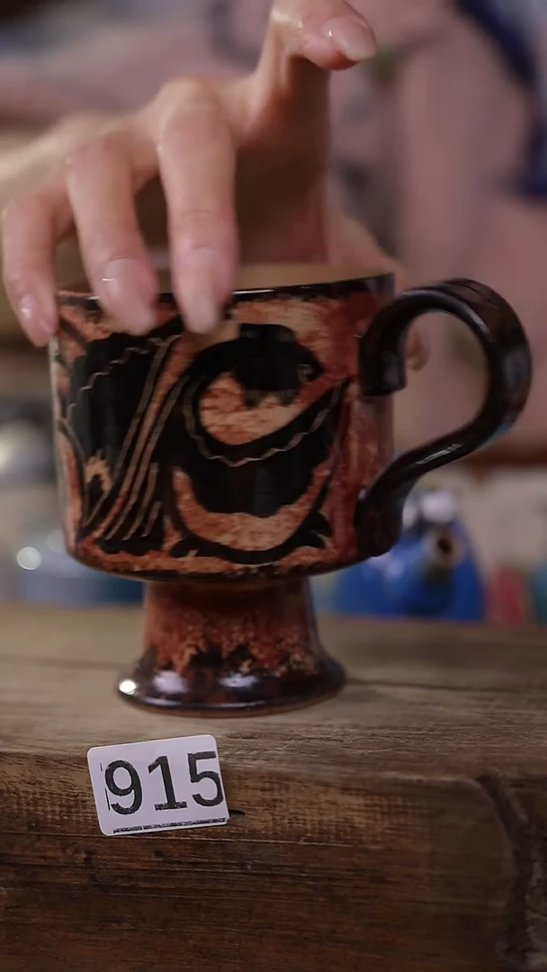 【闪购商品】瓷片仿古刻绘肌理 手把咖啡杯