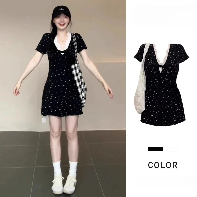 黑色碎花连衣裙女夏新款2025小个子巨好看小众今年流行爆蕾丝长裙