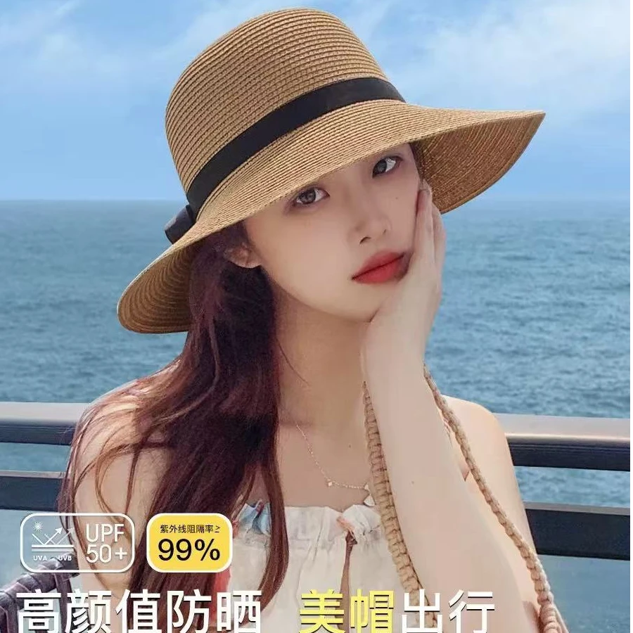 新款夏季防紫外线拉菲草帽女士百搭遮阳防晒时尚渔夫帽海边太阳帽