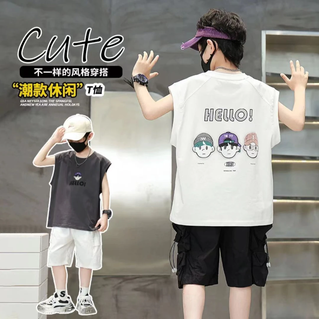 2025新款男童背心T恤儿童夏季宽松坎肩无袖潮流夏季夏爆款中大童