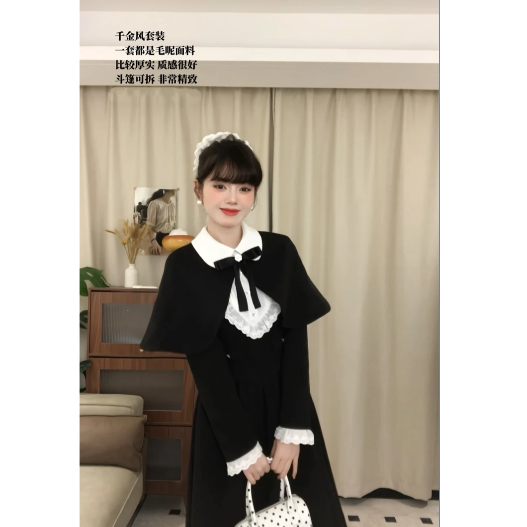 予夜诗 法式复古温柔千金风套装女纯欲披肩长款连衣裙两件套潮