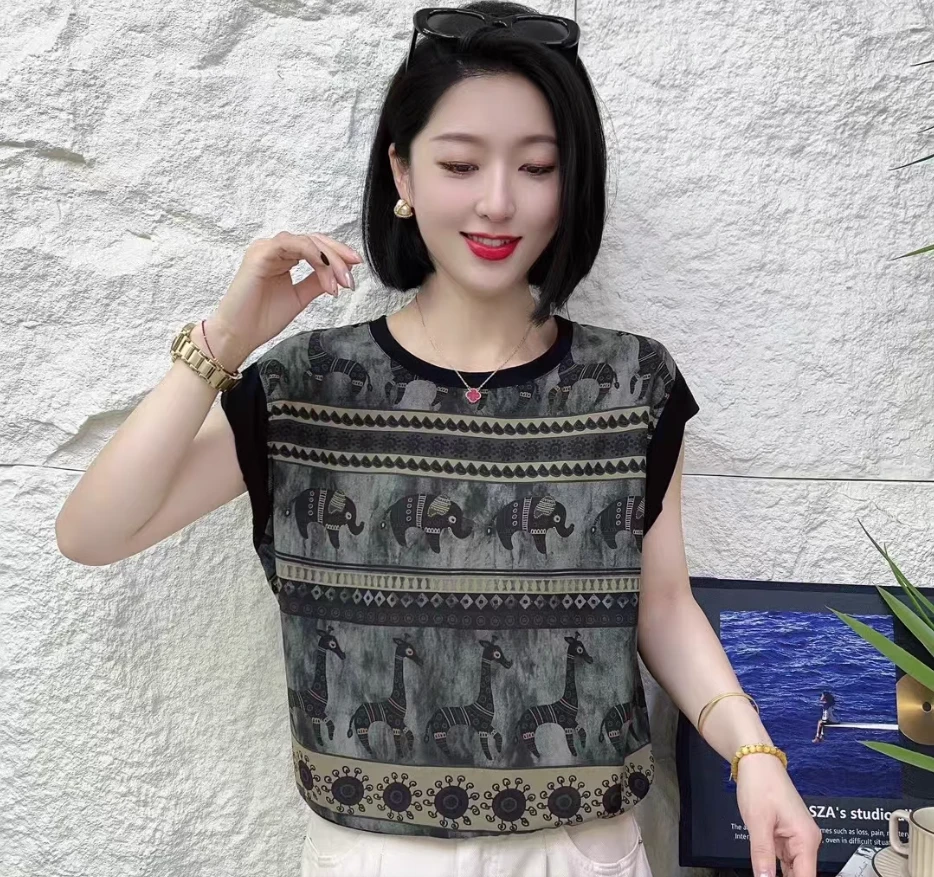 2025夏季新款时尚洋气雪纺上衣女减龄气质设计感圆领印花短袖t恤