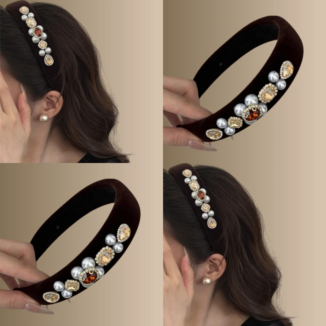 法式复古千金氛围珍珠方钻黑色丝绒发箍女宽边头饰发卡高颅顶头箍