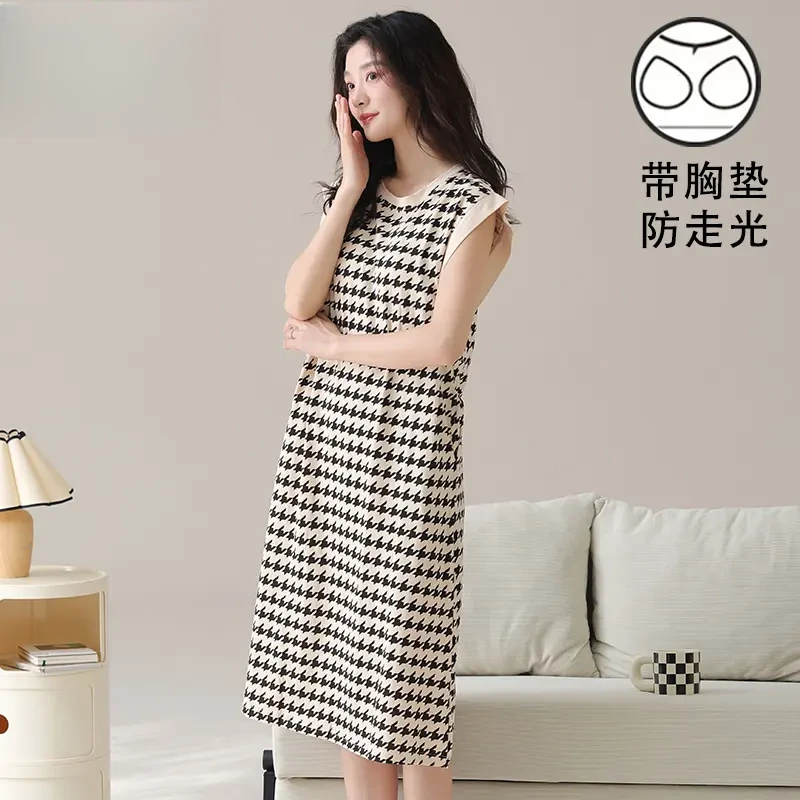 睡衣女士夏季薄款带胸垫防走光无袖坎肩睡裙宽松大码条纹连衣裙