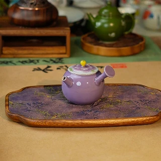 手绘紫牡丹侧把壶家用陶瓷茶具茶器