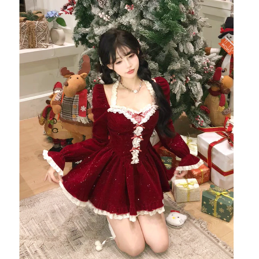 大码秋冬法式过年红蕾丝花边丝绒连衣裙女甜美收腰短裙10644