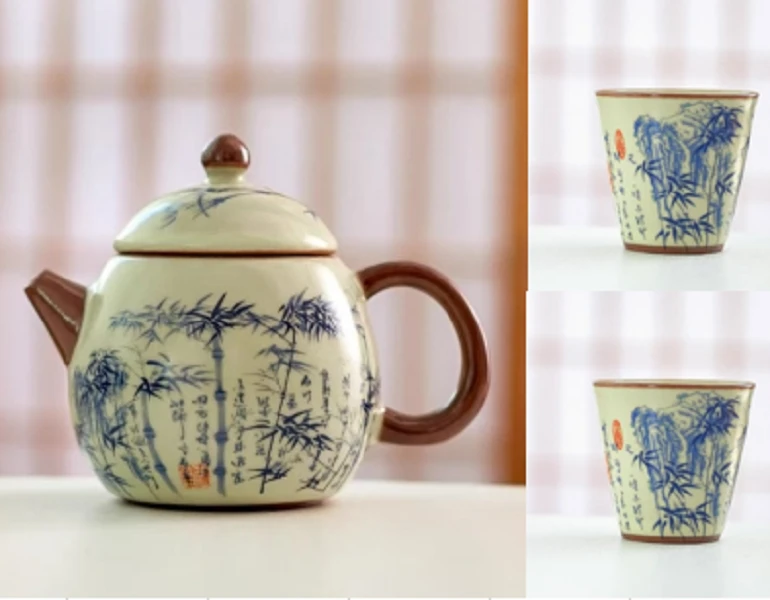 ZH1346-汝窑青色翠竹龙蛋壶+2个汝窑青色翠竹客杯