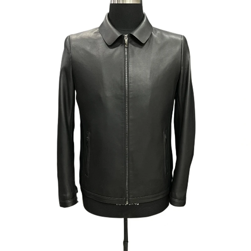 海宁真皮翻领黑色短款百搭夹克外套休闲男款春秋新款上新2025羊皮