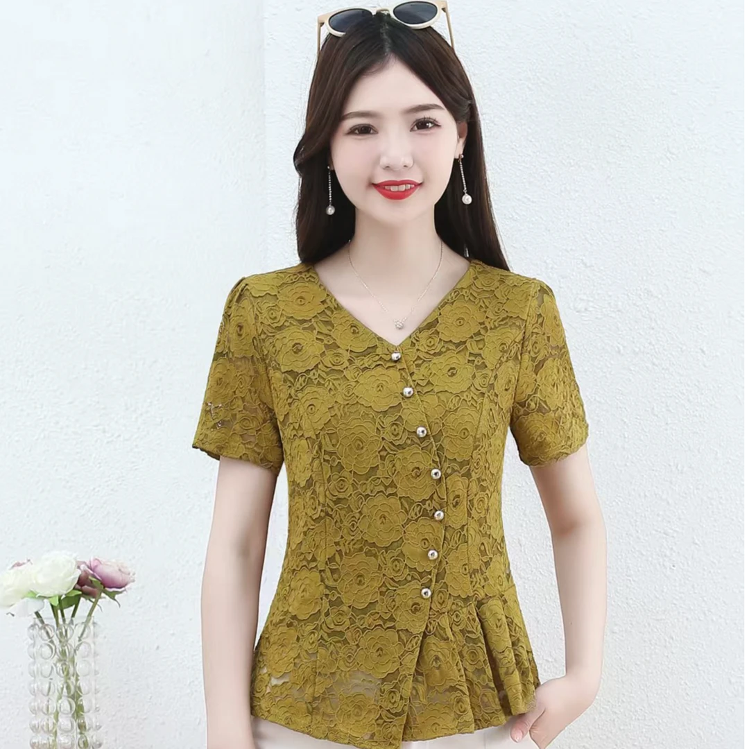 夏季新款气质减龄蕾丝2025V领女夏时尚百搭洋气短袖T恤