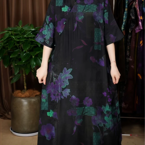 紫雾绿蝶新中式国风夏季短袖连衣裙遮肉显瘦大版旗袍