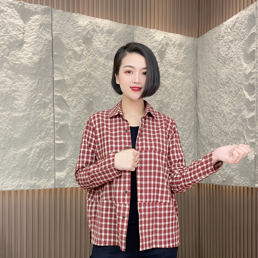 春秋款格子长袖洋气休闲开衫外套妈妈气质纽扣翻领外套时尚复古
