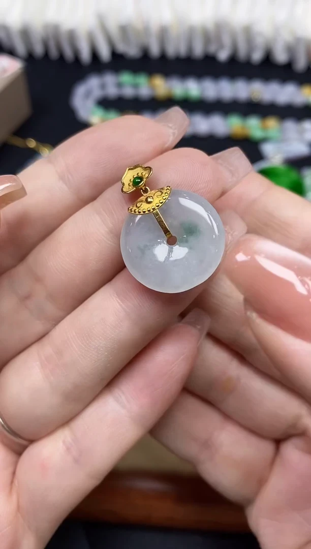 吊坠(不含链)18K金镶嵌翡翠平安扣18K金扣镶嵌@@CMT1238-3