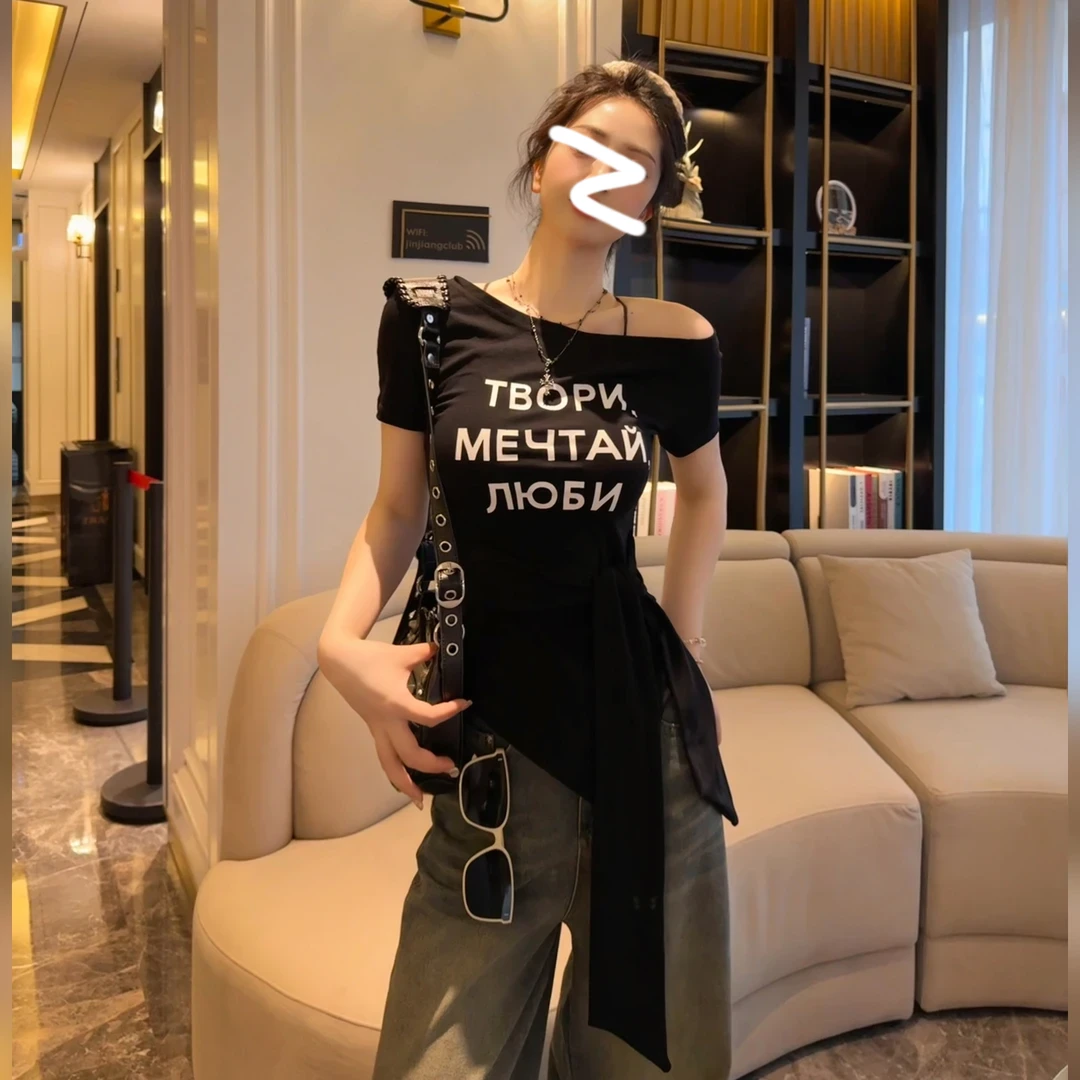 夏季纯棉纯欲辣妹气质绑带一字领短袖T恤女收腰修身显瘦露肩上衣