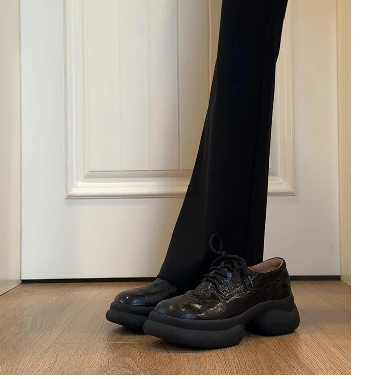 羊皮版~英伦风系带乐福鞋女2025新款厚底复古松糕小皮鞋深口单鞋