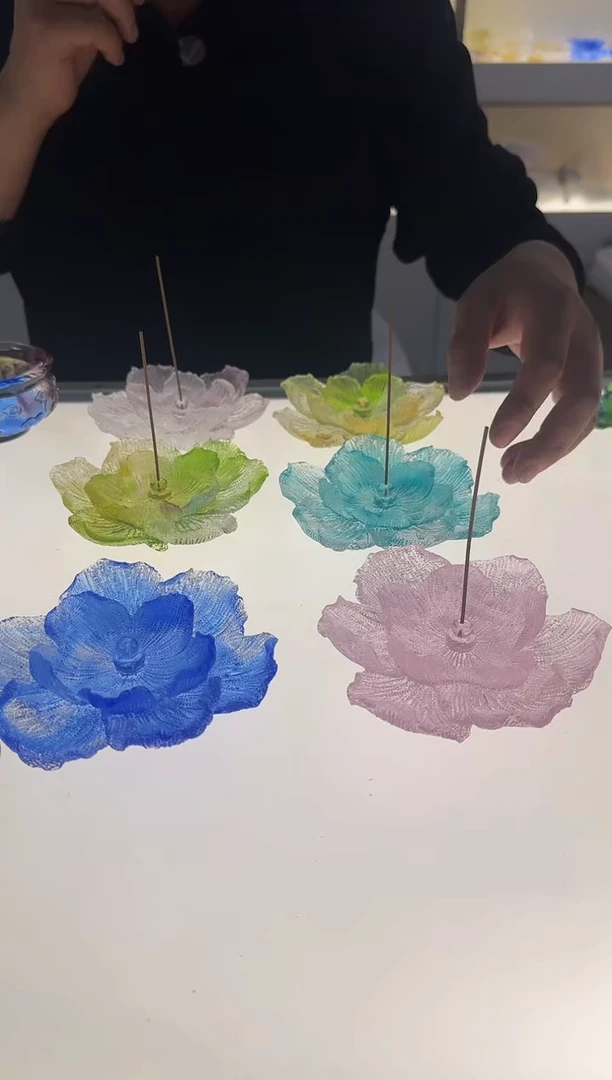 手工艺品琉璃牡丹花香茶天青色