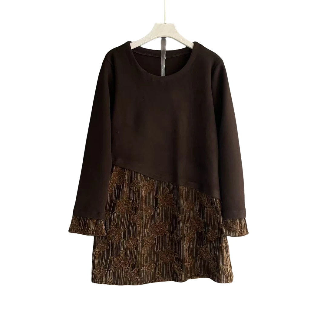 常规中长裙拼接冬季假两件加绒蕾丝长袖连衣裙秋冬中长款女士气质