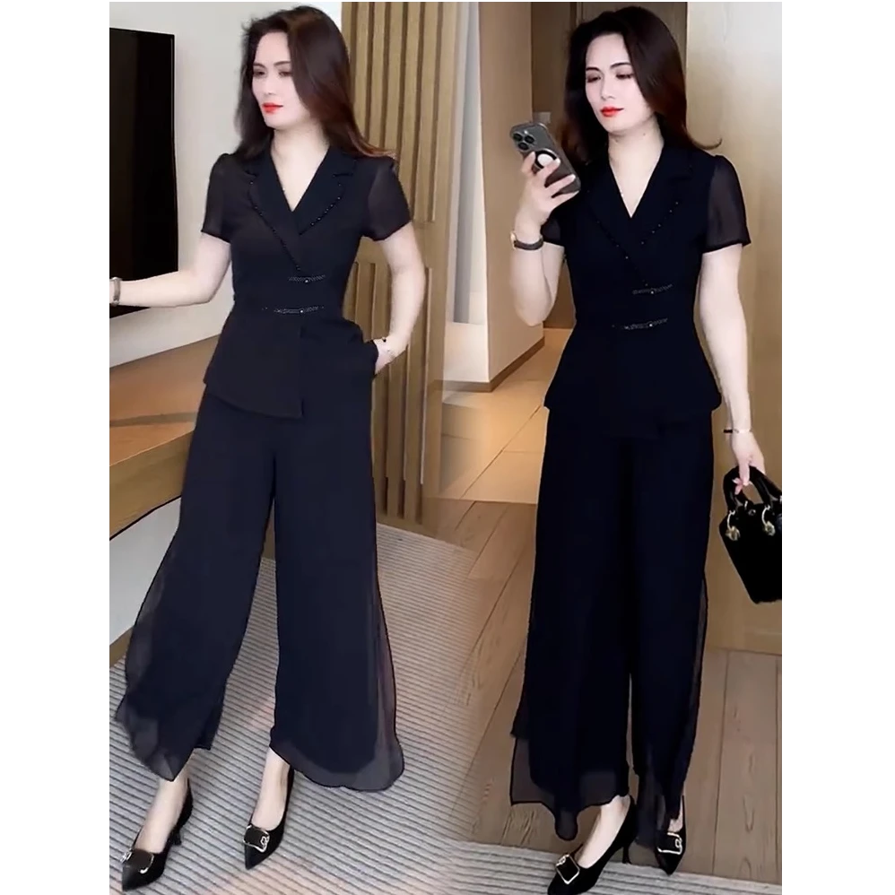 时尚雪纺套装女2025夏季新款洋气显瘦盘扣短袖上衣阔腿裤两件套潮