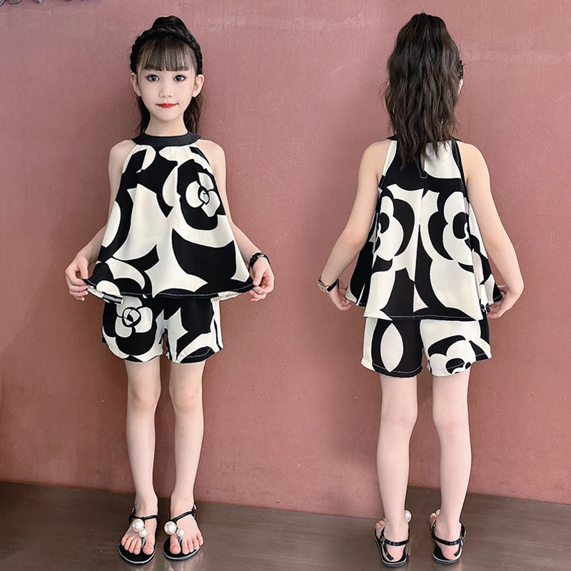 女童夏季无袖套装2025新款韩版洋气大儿童雪纺背心短裤薄款两件套