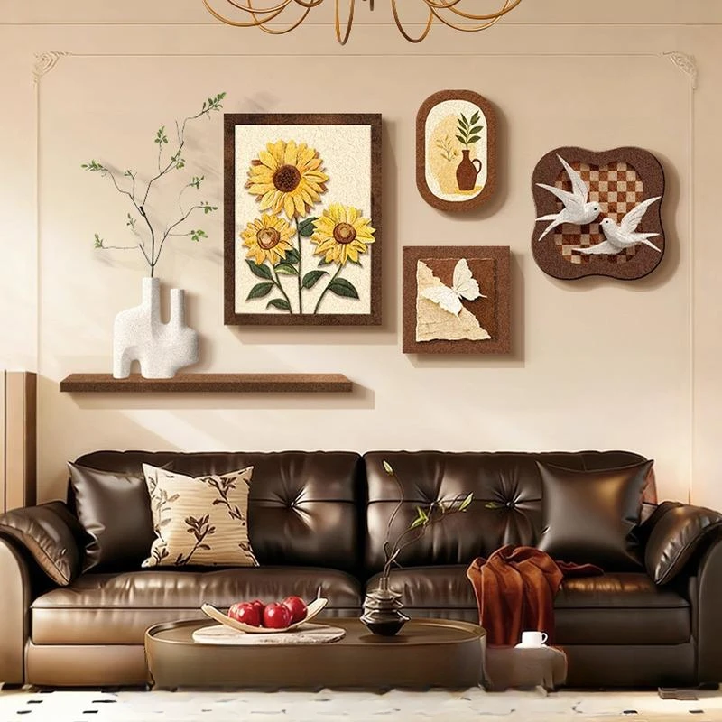 中古风客厅装饰画高级感艺术沙发背景墙挂画法式复古向日葵组合画