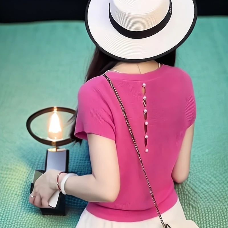 女装薄款冰丝针织衫女新款夏季独特漂亮小衫洋气玫红色上衣女女款