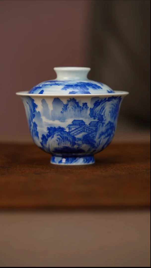 瓷半山晓野溪山行旅图盖碗