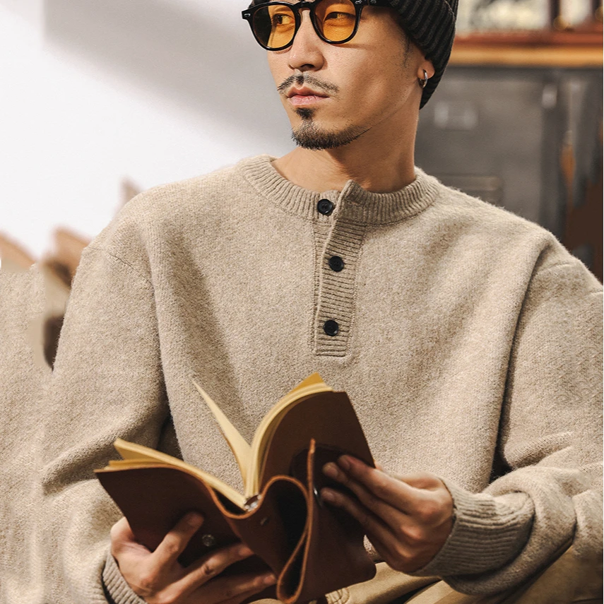 美式复古630g重磅绵羊毛衫男冬季亨利领毛衣加厚针织衫外套秋冬款