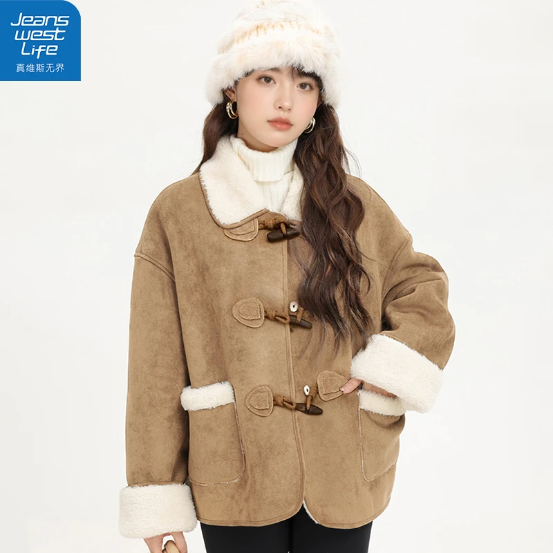 真维斯无界女麂皮羊羔绒外套冬季2025新款爆款复古风加绒保暖上衣