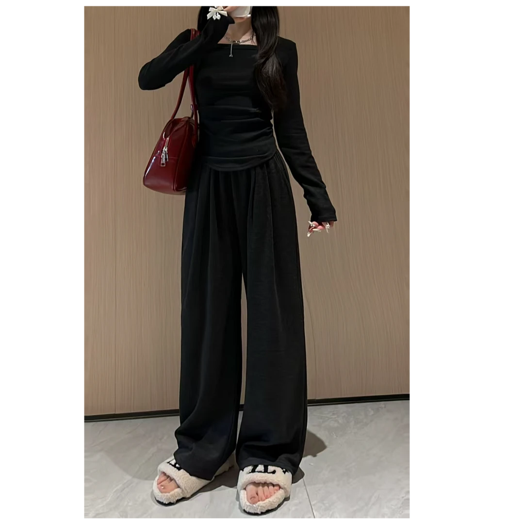 2025灰色糯米裤女宽松秋冬高腰垂感小个子直筒休闲拖地阔腿裤z335