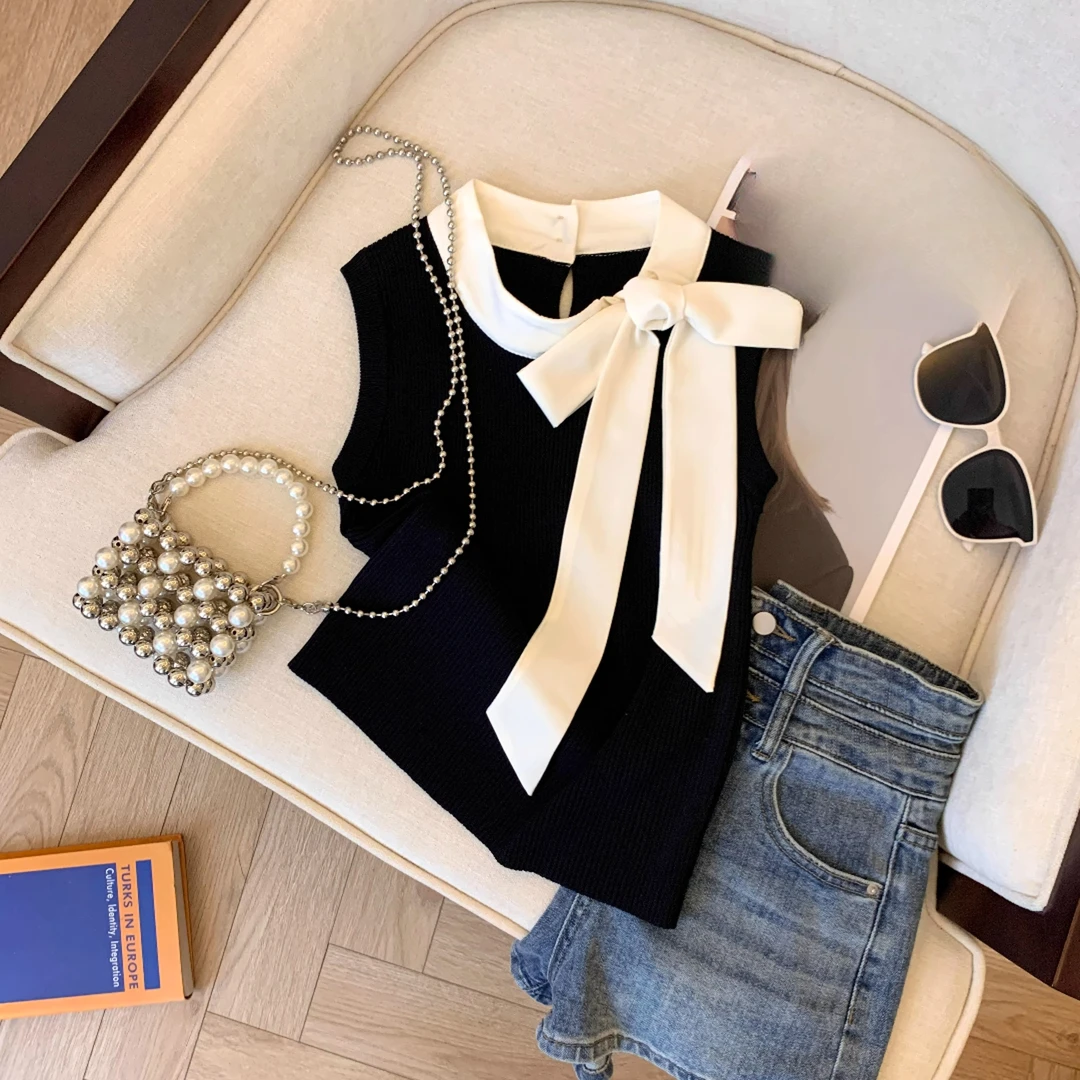 蝴蝶结绑带镂空针织衫女外穿新款小香风无袖短款上衣显瘦气质网红