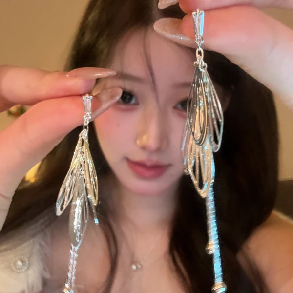 锌合金耳饰 千金风翅膀流苏耳钉设计感夸张长款耳饰时尚气质耳环