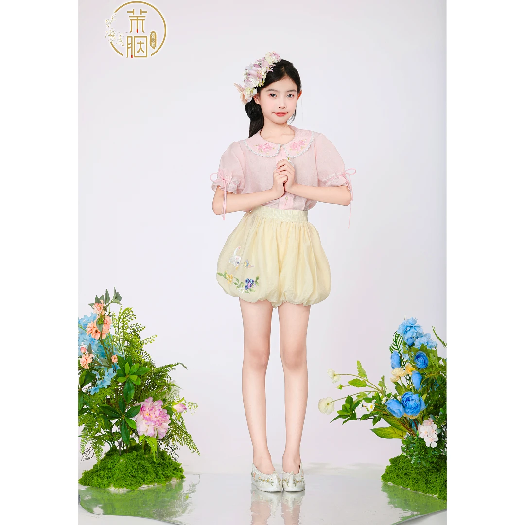 茉胭原创汉服 娃娃领短袖短裤套装改良汉元素女童夏季新品