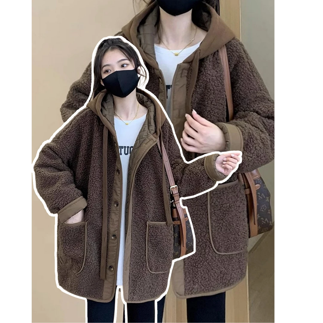 300斤特大码棕色加厚保暖羊羔毛外套女胖mm韩系慵懒风高级感棉服