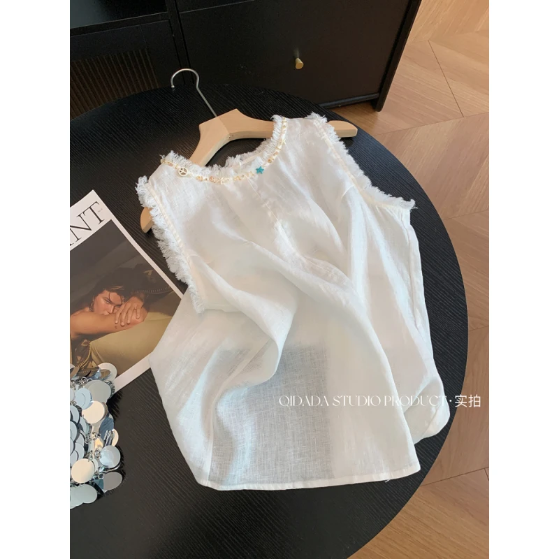 夏季圆领白色流苏钉珠圆领气质无袖衬衫女百搭高级感宽松洋气时尚