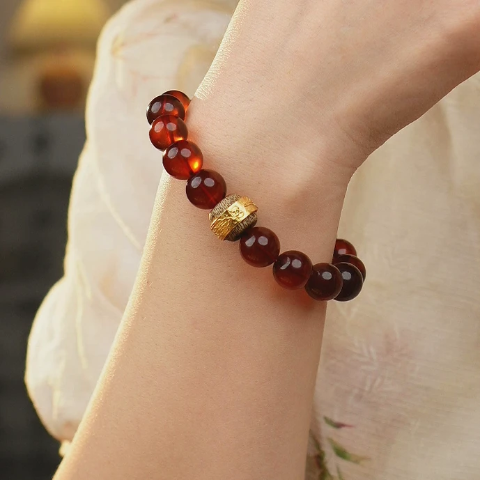 夏歌珠宝-11+缅甸血珀酒红色素圈精美时尚百搭单圈气质手串手链