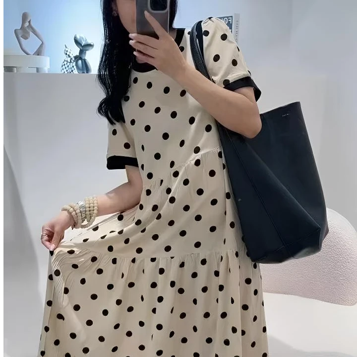 【绵绸】夏季圆领短袖长裙棉绸衣服女外穿女装显瘦人造棉-D2323