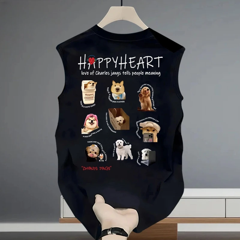 新款小众个性纯棉圆领无袖背心男女款宽松爱心小狗印花百搭上衣