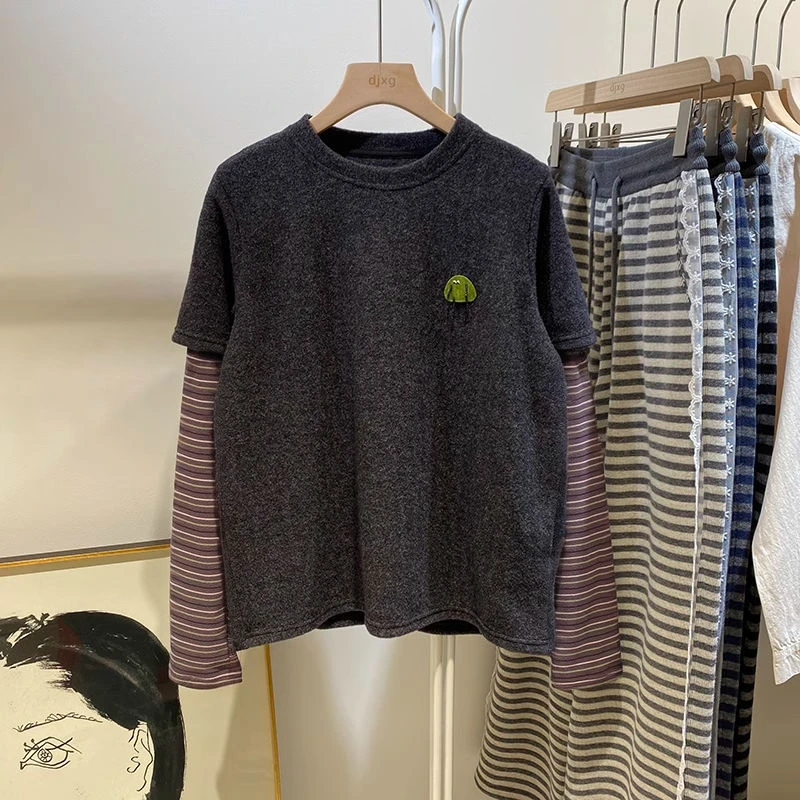 2025秋季新款小怪兽假两件上衣休闲打底儿童韩版