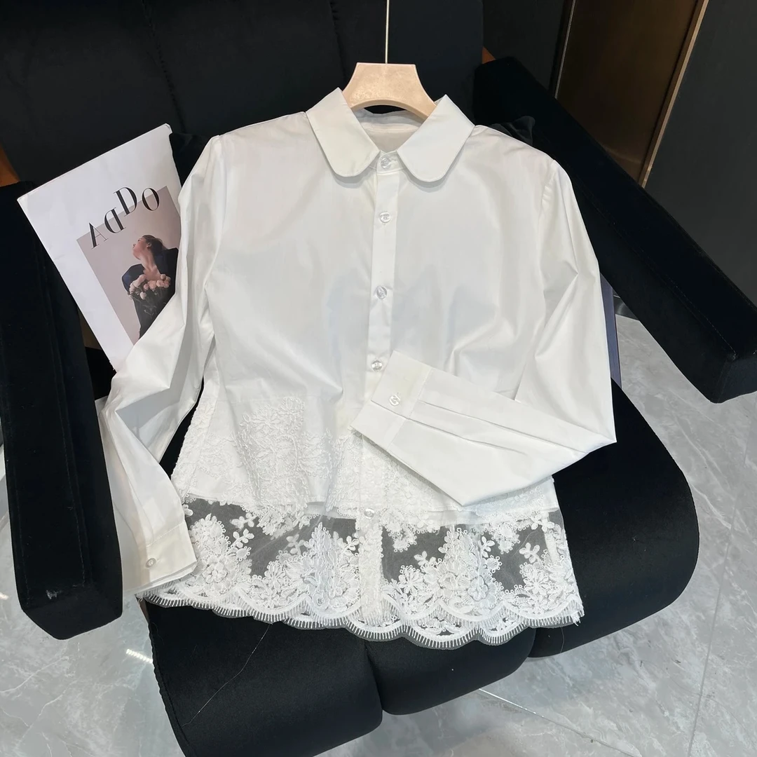【芳芳惊喜】蕾丝下摆镂空钩花Polo领衬衫2025春秋新款宽松显瘦上衣
