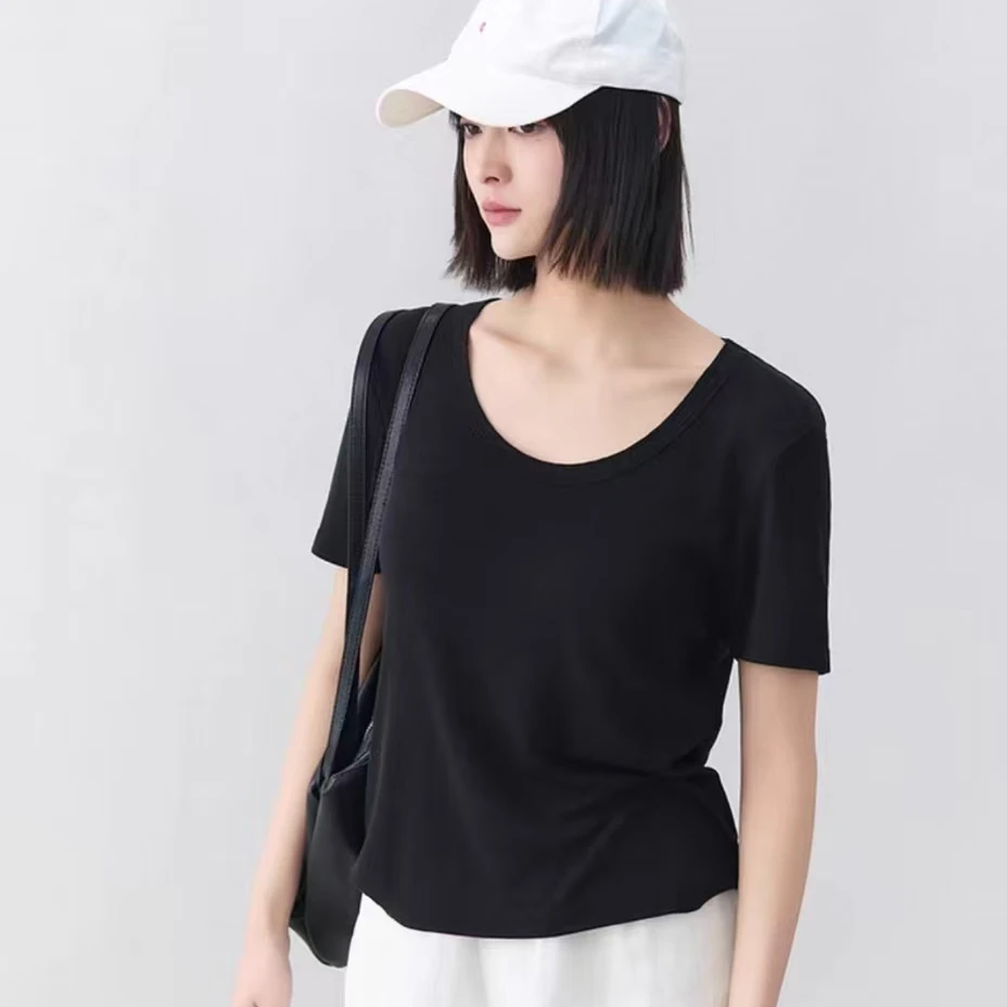 燕苹夏季新款深U领设计莱赛尔亚麻高弹针织透气薄款轻柔T恤QS6608