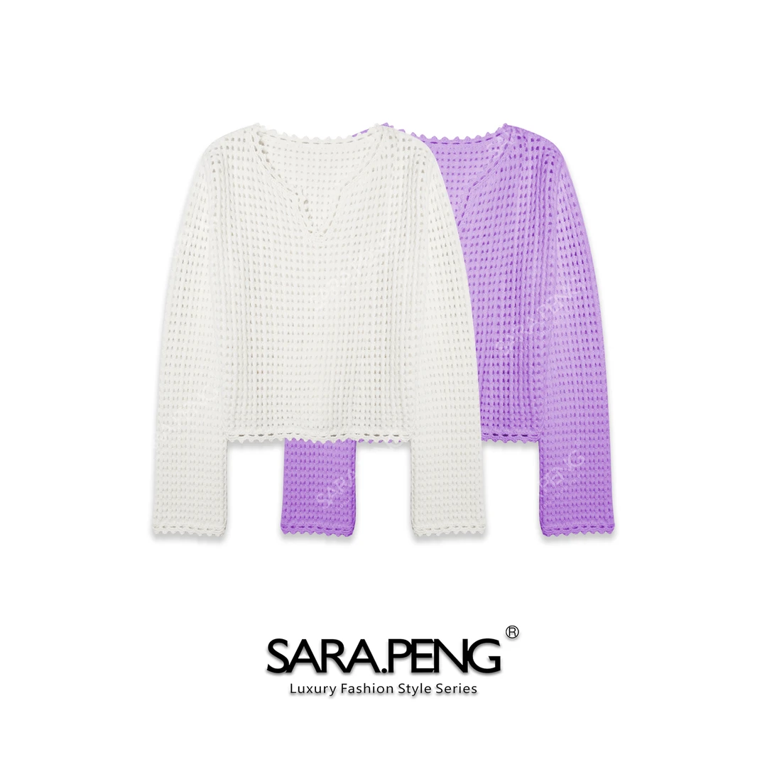 SARA.P简约镂空｜新品时尚羊毛镂空齿轮边长袖针织上衣｜5D168116