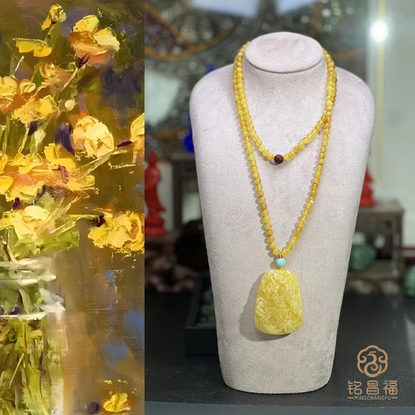 收藏级天然蜜蜡白花蜡龙牌吊坠55.2*40.7*17.3（珠链6mm）518-9