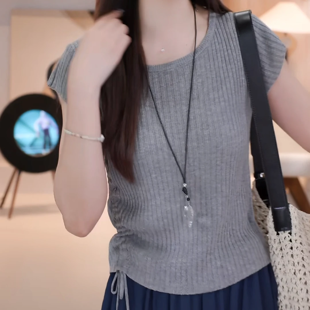 坑条抽绳褶皱针织上衣2025新款春夏洋气纯色简约慵懒设计感T恤