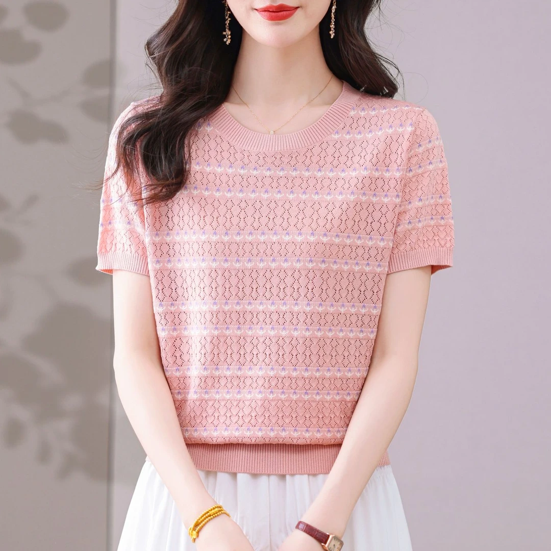 【天丝】洋气镂空圆领小衫2025新款夏薄款爆款短袖女宽松显瘦妈妈装