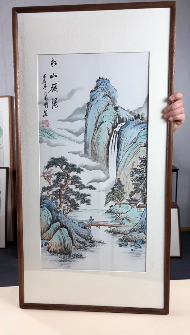 【闪购商品】国画手绘*松山观瀑*47*92cm实木框