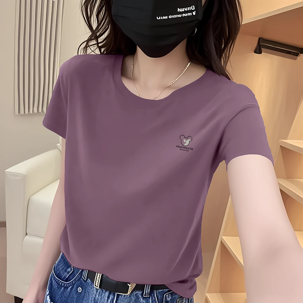 女士短袖t恤宽松大码圆领印花时尚休闲百搭显瘦2025新款夏季上衣