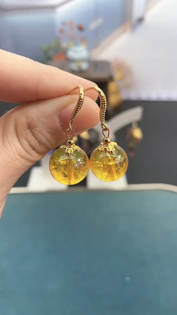 银S925镶嵌耳饰黄晶14mm黄阿赛