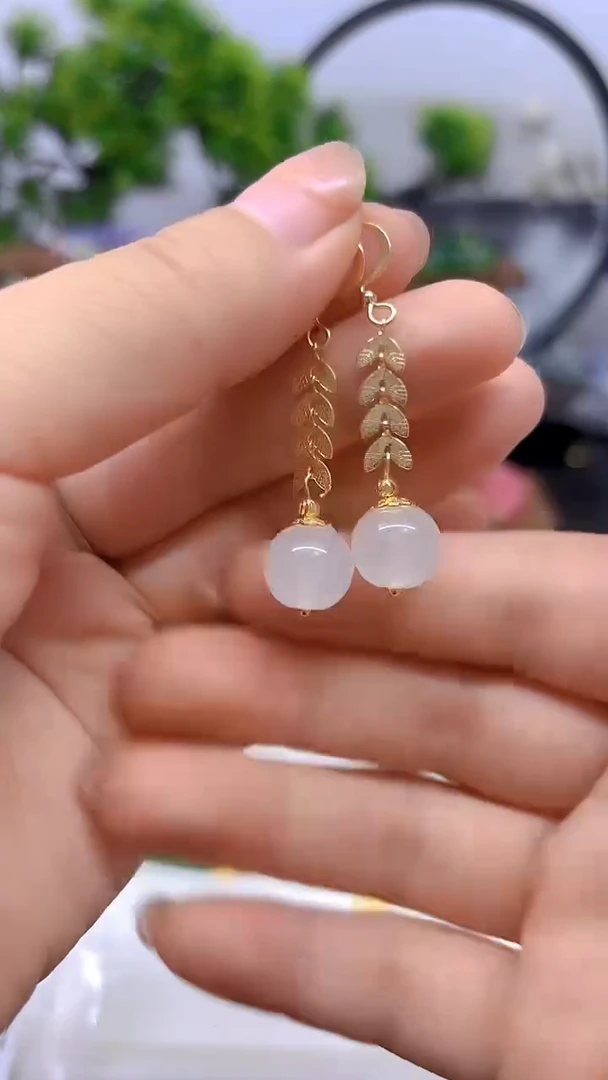 和田玉14K金镶嵌耳饰E207