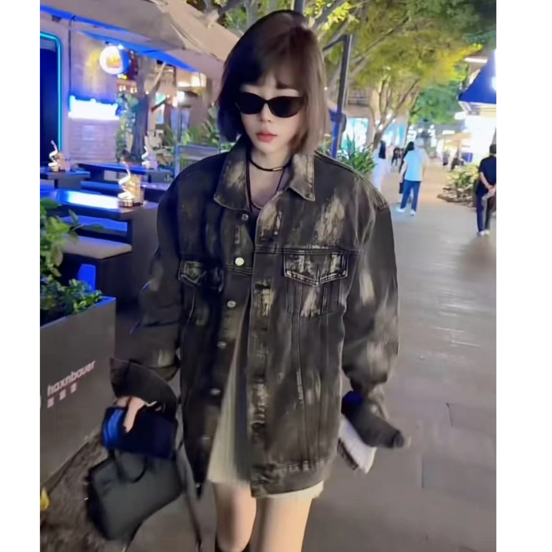 【木棉】美式复古做旧牛仔外套女早秋新款扎染渐变色工装外套88059