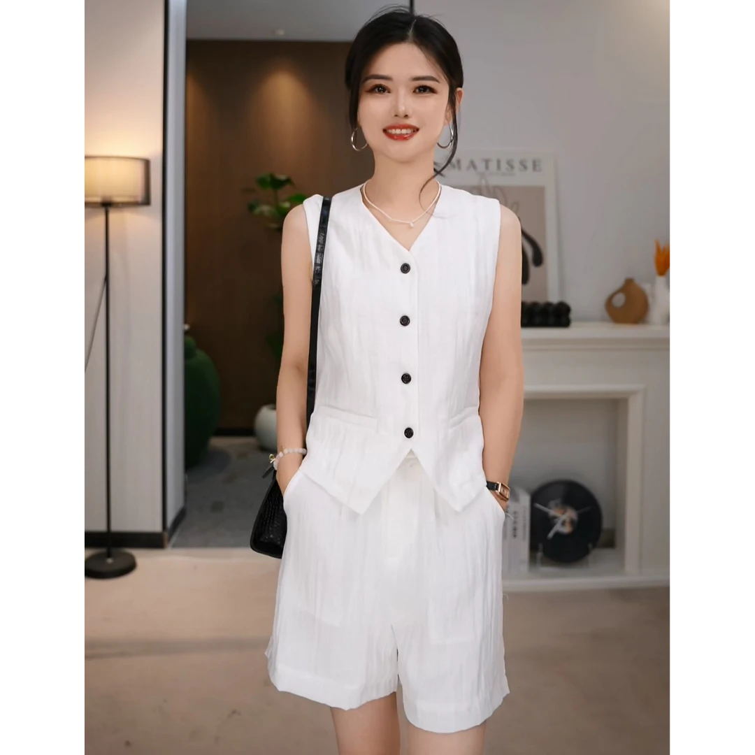 老钱风休闲百搭时尚套装2025夏季新款短裤阔腿白色藏青色两件套