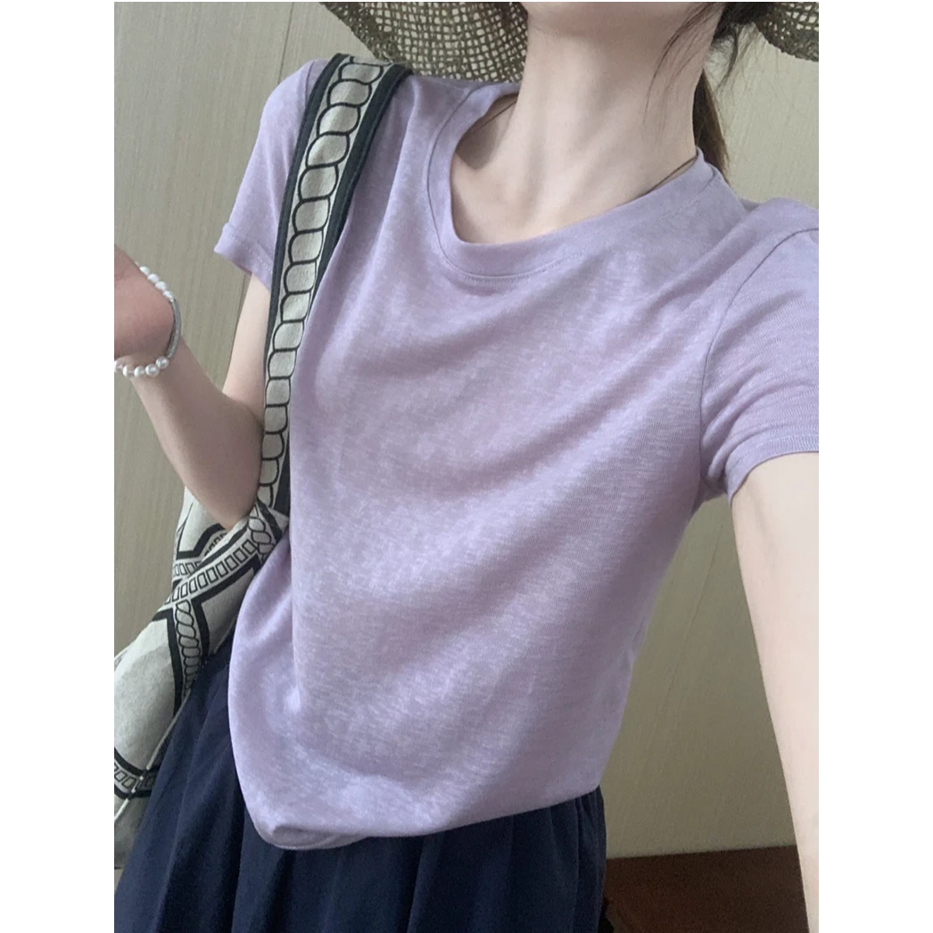 欧货冰凉薄款纯色简约风高级感短袖2025夏新韩版休闲宽松上衣T恤